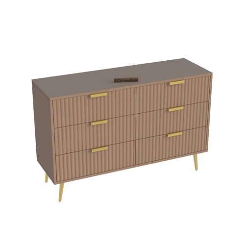 Image of Wooden Chest of Drawers | 6 Drawers Dresser Console Cabinet For Bedroom, Living Room, Drawing Room & Office | Sideboard | Multipurpose Storage | HDMR Premium Wood & Iron | Taupe & Golden