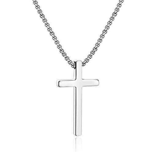 Ursteel Cross Necklace for Men Women, Stainless Steel Cross Pendant Silver Mens Cross Necklace 24 Inch Necklace for Men Gifts