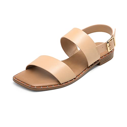 Dream Pairs Women's Summer Casual Dressy Cute Flat Sandals Comfortable Sexy Square-Toe Fashion One Band Strappy Shoes Wide Width, Nude, Size 7.5, Sdfs222W #TOP20