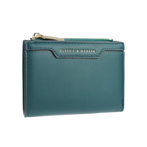 Andiker Small Women Wallet, Bifold PU Leather Purse with a Zipper Pocket ID Window Credit Card Holder Button Closure Mini Short Ladies Wallet for Women go to Shop Party Travel Daily Use (Green)