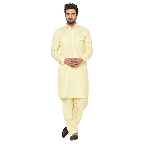 Men's Pathani Kurta Set Cotton Plus Size Kurta Pyjama Party Wear Dress Indian Traditional Pathani Eid Kurta with Salwar (Lemon, S - 40" Chest Size)
