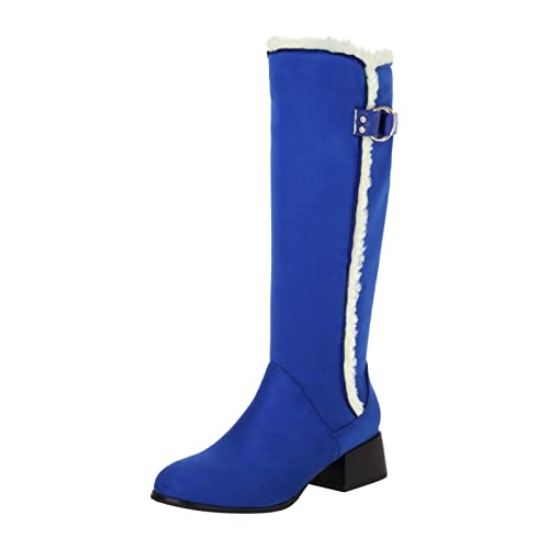 JJYY Ladies Winter Warm Knee Length Boots Women Solid Color Flock Patchwork Upper Short Plush Lining Round Toe Block Heel Buckle High Tube Shoes Fashion Velvet Cotton Warm Non-Slip Snow Boots