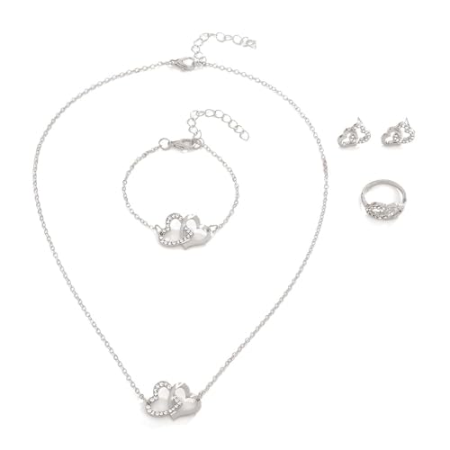 TTPSRY 4 Stück Doppelherz Schmuckset Halskette Armband Ohrringe Ring Kristall Verziert Damen Schmuck Silberfarben Elegante Schmuckkollektion