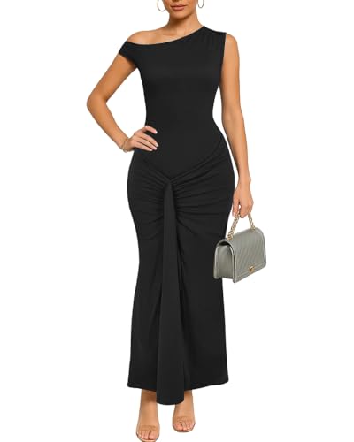 HWP Women Summer Bodycon Ruched Maxi Dress Sleeveless Boat Neck Casual Long Cocktail Dress