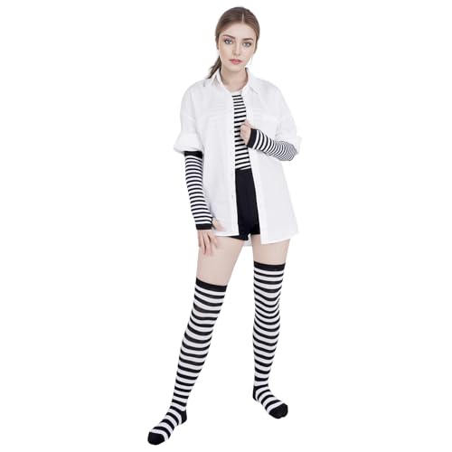 Image of Tongcloud Women's Striped Knee High Socks, Over Knee Thigh High Socks, Arm Warmer and Fingerless Gloves Set