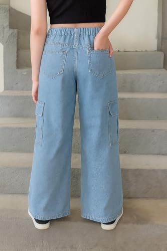 Image of ADBUCKS Stretchable High Rise Cargo Style Wide Leg Jeans for Girls II Girls Jeans