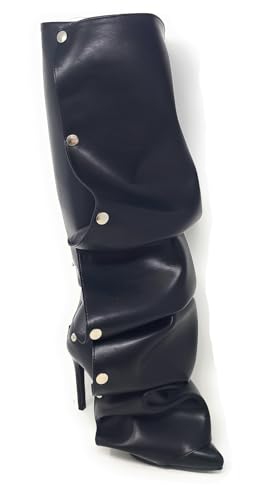 Liliana Women's Pointed Toe Stiletto High Heels Pleated Button Detachable Fold Over Slouchy Boots (Runs Small)