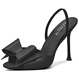ITOZER Peep Toe Satin Mules Slingback High Heels Bow Stiletto Heel Comfortable Wedding Party Shoes，Black，Size 8