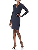 Lark & Ro Women's Long Sleeve Faux Wrap Sheath Sweater Dress, Navy, Large