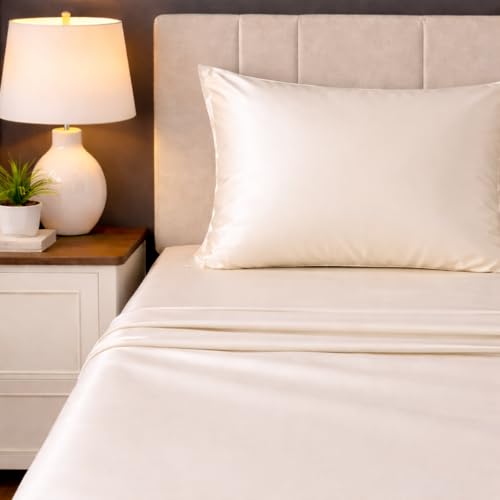 Image of LANE LINEN 100% Cotton Satin Fantasy Bedsheet Double Size - Ivory | OEKO-Tex Certified, 100% Cotton Satin Weave, Fits Double & Queen Bed, Gentle on Skin & Hair, Wrinkle-Free