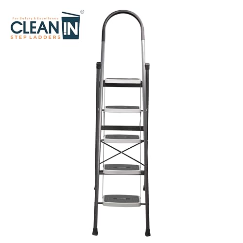 Image of CLEAN IN 5 Step Premium Foldable Household Steel Ladder ~ for Home, Garage, Kitchen. Wide & Anti-Skid Steps, 150 kg Load Capacity, Reinforced Hinges ~ (Shades of Grey)