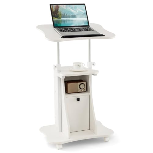 Moccha Lectern Podium Stand, Height Adjustable Sit to Stand Desk w/ 180° Tilting Tabletop, Storage Cabinet, Lockable Casters, Rolling Lectern Cart Laptop Desk for Home, Office, School (White)