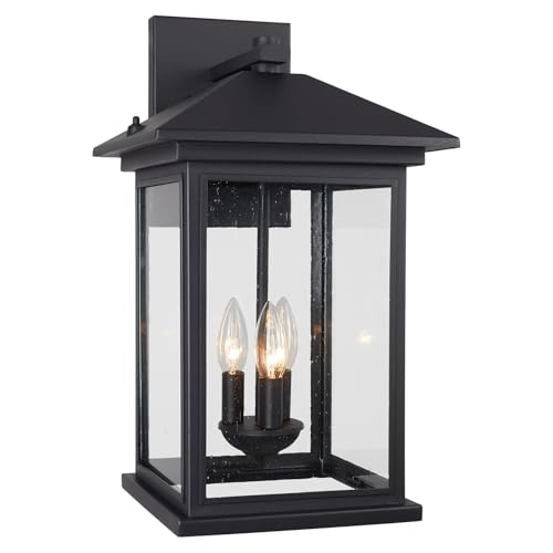 Large Outdoor Wall Light Fixture 20 Inch Square Wall Lantern 3 light Exterior Wall Sconce Lights Porch Wall Mount Lighting with Seeded Glass Modern Black Wall Lamps for Patio Front Door Entryway