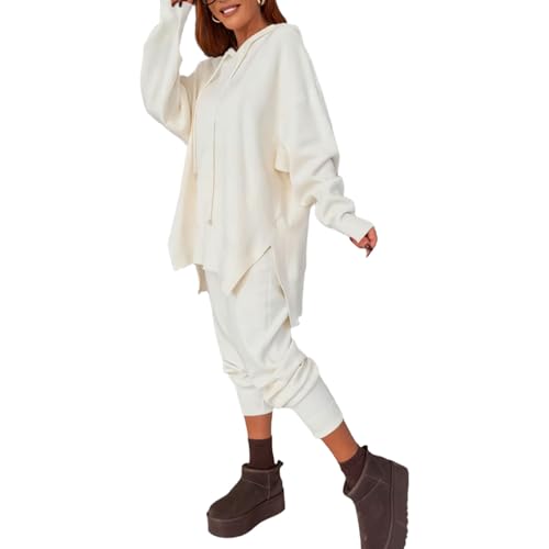 Dam 2-delade outfits Hoodies Stickad pullover Lös långärmad tröja Vida benbyxor Joggingbyxor Höst Lounge Sweatsuit Vit X-Large