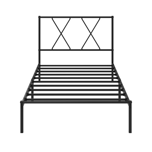 Zinus Elias Bettgestell 90 x 200 cm mit Moderne Kopfteil - Metallbett 90x200 mit Metall-Lattenrost - 30 cm Hohe Plattform mit Freiraum Darunter - Kein Boxspringbett Erforderlich - Schwarz