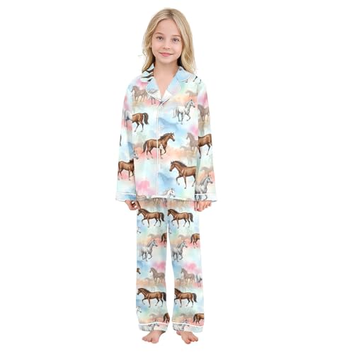 Image of Satin Pajama Sets Short Sleeve Horses Running on Colorful Button Down Silky Nightwear 2 Piece PJS 5-14Y
