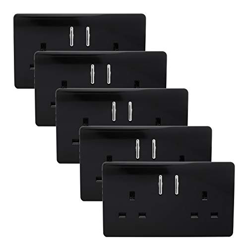 Trendi ART-SKT213BKx5 stopcontacten, 2 snelheden, modern, glanzend, 13 A, met schakelaar, 5 stuks, zwart