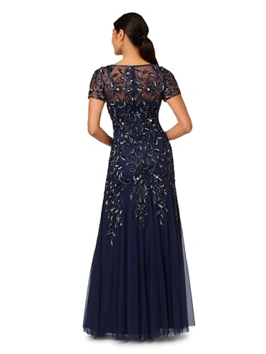 Image of Adrianna Papell Women's Beaded Gown with Godets - Floor Length Gown with Floral Embellishments & Cap Sleeves