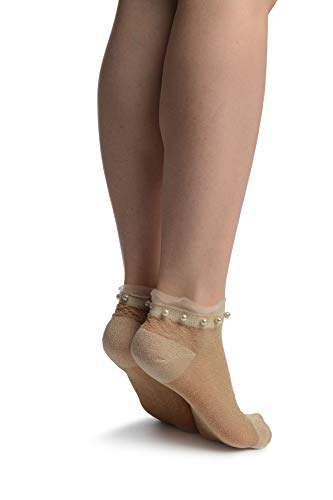 LissKiss Beige With Lurex, Pearls & Frills Top Footsies Socks - Footsies Socks2