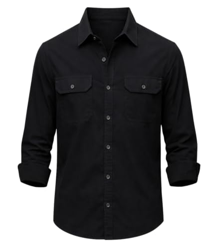 Image of IndoPrimo Men's Cotton Shirt with Stylish Flap Pockets Full Sleeves Spread Collared Neck Solid Pattern Western Style Classic Fit and Standard Length