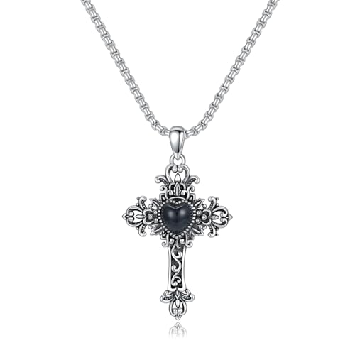 Vintage Cross Necklace 925 Sterling Silver Retro Oxidized Design Pendant with 6mm Heart Gemstone Ideal for Daily Elegance & Gifting Jewelry