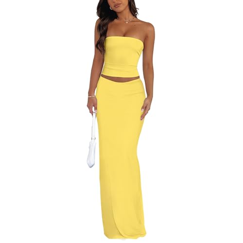 Image of Goafuliy 2 Piece Skirt Sets for Women Summer, Floral Sleeveless Tube Top Bodycon Maxi Skirts Y2k Vacation Going Out Outfits
