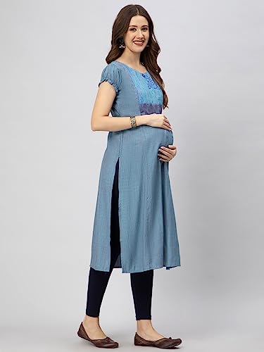 Image of CEE 18 Cotton Rayon A-Line Flared Maternity Feeding Kurti for Women with Zippers | Maxi Gown Dress for Women | Breastfeeding Dress for Mothers | Feeding Kurti for Women | Maternity Wear for Women