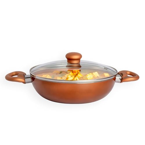 Image of Kreme Sonet Non-Stick Frying Kadai with Glass Lid | 2.5 Litre & 24 cm Induction and Gas Compatible Cookware Kadhai | Scratch Resistant Kadai for Cooking Curry, Dal, Rice & Biryani, Bronze