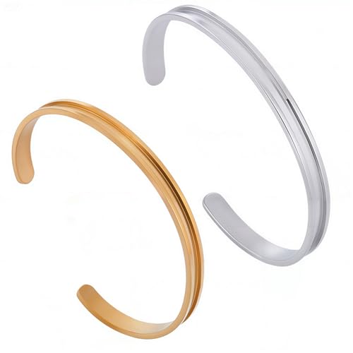 SUNNYCLUE 1 Box Mit 4 Stück Edelstahl Armbandrohlingen Metall Haargummi Armbänder Silber/Gold C Förmig Offene Manschette Armreif Gerillte Armbänder Mit 3mm Breite Für Die Schmuckherstellung Damen Inla