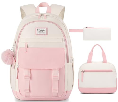 Image of WINDARS School Backpack with Lunch Box for Teen Girls, Cute College Backpacks for Women Students Aesthetic Bookbag Large 15.6 Inch Laptop Bag Middle School Travel Back Pack (Pink Beige-3 Pcs)