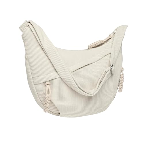 Crossbody Bag Damen Umhängetasche, Stylisch Bauchtasche Damen Cord Tasche Casual Schultertasche Moon Bag, Halbmond Handtasche mit Verstellbarer Breiter Gurt für Alltag, Büro, Schulausflug (Beige)