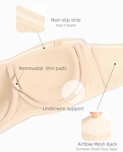 Plus Size Strapless Bras for Women Underwire Padded Bandeau Bra with Clear Straps4