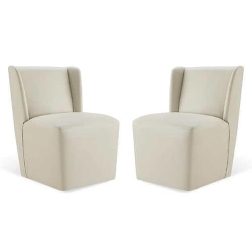 Image of KISLOT Upholstered Dining Chairs Set of 2 with Casters, Wingback Modern Side Armless Deskchair with Rollers for Diningroom Bedroom Livingroom Reading Room, Cream Faux Leather