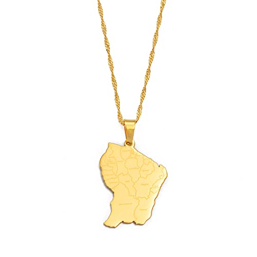 Guyane Française Avec Nom De Ville Carte Pendentif Colliers,Guyane Française Nation Objets Patriotiques Vintage Motif Cartes Pendentif,Ethnique Anniversaire Ornements Bijoux,Or,Chaîne De 60 Cm