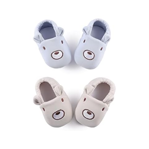 M MKBNXGYR 2 Pairs of Baby Slippers Boys & Girls Floor Shoes Indoor & Outdoor Toddler Shoes Non-Slip Warm Baby Socks Shoes First Walking Shoes (Bear White/Blue, 3_Months) Cover