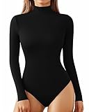 ALGALAROUND Women's Turtle Neck Bodysuit Long Sleeve Double Lined Basics Body Suit Tops Black L