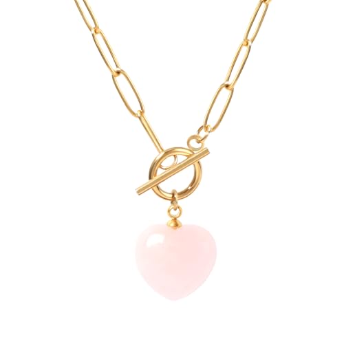 TaYolnFaSo cœur pendentif en quartz rose avec chaîne à clip pour femme, plaqué or 18 carats, collier à clip, quartz rose naturel, bijou, cadeau de Noël pour petite amie ou épouse