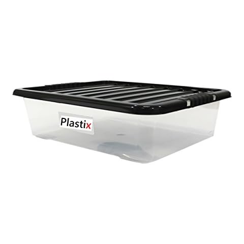 Set of 3 Clear Plastic Storage Box Boxes With Black Lids Home Office Stackable UK Made - 28L 28 LITRE UNDERBED Cover