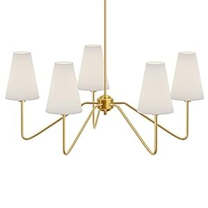 Electro bp;30″ Dia 5-Arm Classic Chandeliers Polished Gold with White Linen Shades,Ceiling Light Fixture for Dining Room,Living Room,Entryway,E12,200W