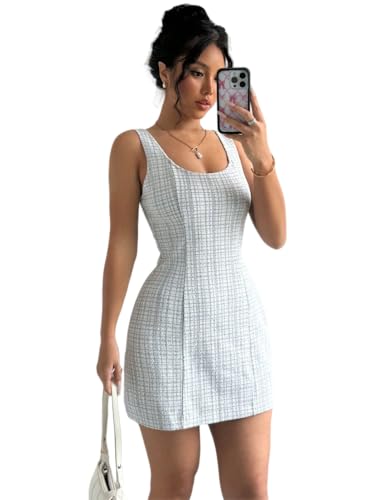 Image of Womens Summer Short Elegant Dresses Bodycon Formal Plaid Pencil Scoop Neck Dresses for Women 2025