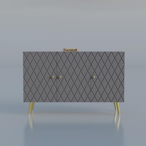 Image of Modern Wooden Storage Cabinet with 2 Doors | Geometric Design Sideboard /Cupboard for Living Room | Multipurpose Organizer for Bedroom & Entryway | HDMR Premium Wood | Gold Metal Legs(Grey)