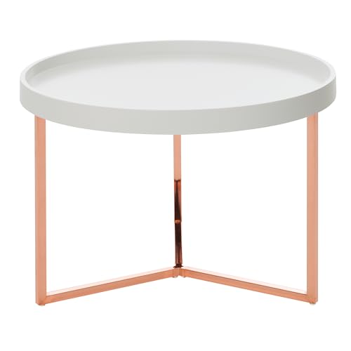 FineBuy Couchtisch 58,5x42x58,5cm Sofatisch Metall Rund, Designer Retro Wohnzimmertisch modern, Kleiner Loungetisch mit Metallgestell, Runder Tabletttisch mit Holz-Platte Weiß