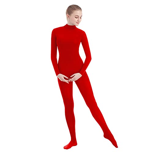 SUPRNOWA Unisex Mock Turtleneck Lycra Spandex Manga Larga Unitard (L, Red sin pie)