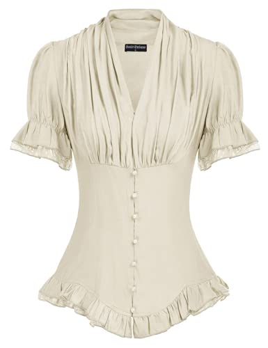 Damen Renaissance-Shirt Kurzarm V-Ausschnitt mit Rüschen Schnürrücken...