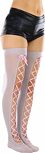 Image of ToBeInStyle Women's Lace Up Back Seam Tights Sheer or Opaque Hosiery Stockings Crisscross Lace Ribbon Zigzag Design