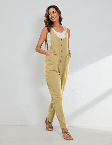 Image of Yeokou Womens Overalls Linen Cotton Jumpsuits Loose Casual Jumpers with Pockets