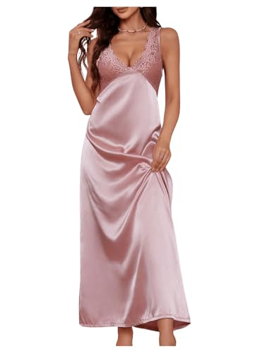 WDIRARA Womens Lace Backless Sexy Long Satin Sleepwear Deep V Neck Sleeveless Nightgown Pink Small
