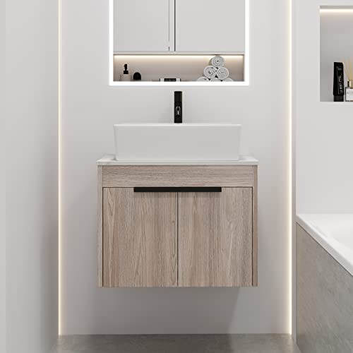 Ssline 24" Bathroom Vanity With Rectangle Sink Wall Mount Small Bathroom Vanity Cabinet With Marble Top&Above Counter Ceramic Vessel Sink White Oak Wooden Bathroom Vanity Basin Combo For Small Space #TOP5