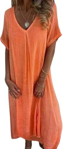 Frontaley Cotton and Linen V-Neck Midi Dress, Frontaley Dresses, Frontaley Dress, New Midi Linen Dresses for Women (Orange,Medium)