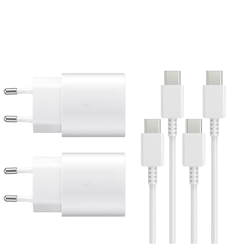 2 Pezzi 25W Caricatore USB C Rapido Caricabatterie per Samsung Galaxy S24, S23, S22 Ultra, S21, S20, A54, A53, A14, Fold5/4, Flip 5/4, Note10 Rapida USB C Carica Alimentatore Presa con Cavo - Bianco
